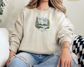 Embroidered Tahoe Pine Tree Sweatshirt, Pine Tree Crewneck, Camping Sweater, Hiking Sweatshirt, Adventure Sweatshirt, Nature Lover Gift