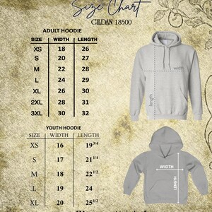 May include: A size chart for Gildan 18500 adult and youth hoodies. The chart displays measurements in inches for width and length, with sizes ranging from XS to 3XL for adults and XS to XL for youth. Two gray hoodies are shown with measurement labels.