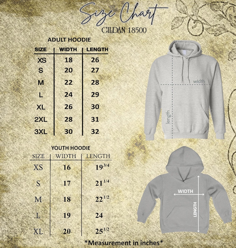 May include: A size chart for Gildan 18500 adult and youth hoodies. The chart displays measurements in inches for width and length, with sizes ranging from XS to 3XL for adults and XS to XL for youth. Two gray hoodies are shown with measurement labels.