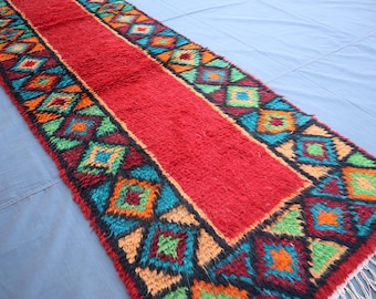Hand Knotted Turkmen Kilim Rug: 3x8 Ft Red Floral Afghan Runner
