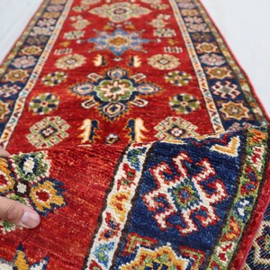 Handmade Wool Kazak Runner Rug: 2.8x9.5 Ft, Afghan Tribal Design