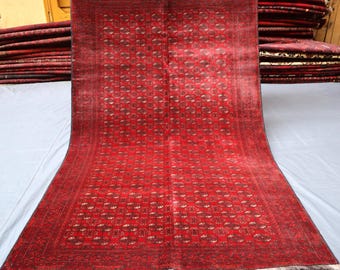 Red Afghan Rug: 4.7x7.0 Ft Hand-Knotted Wool Bukhara Rug