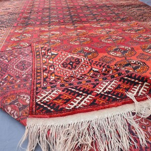 7x13 Ft Antique piece Red Carpet, Handmade Antique Low Pile Wool Oriental Rug, Turkmen Bukhara Rug, Afghan Oriental Vintage Rug, Bedroom Rug