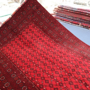 Vintage Red Afghan Rug 7x10: Hand-Knotted Wool Bukhara Design