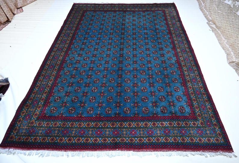 7x10 Ft Turkmen Blue Bokhara Rug, Handmade Wool Area Rug, Oriental ...