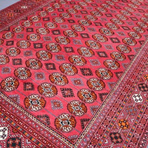 7x11 Ft Red Turkmen Rug: Hand-Knotted Wool Bukhara Rug
