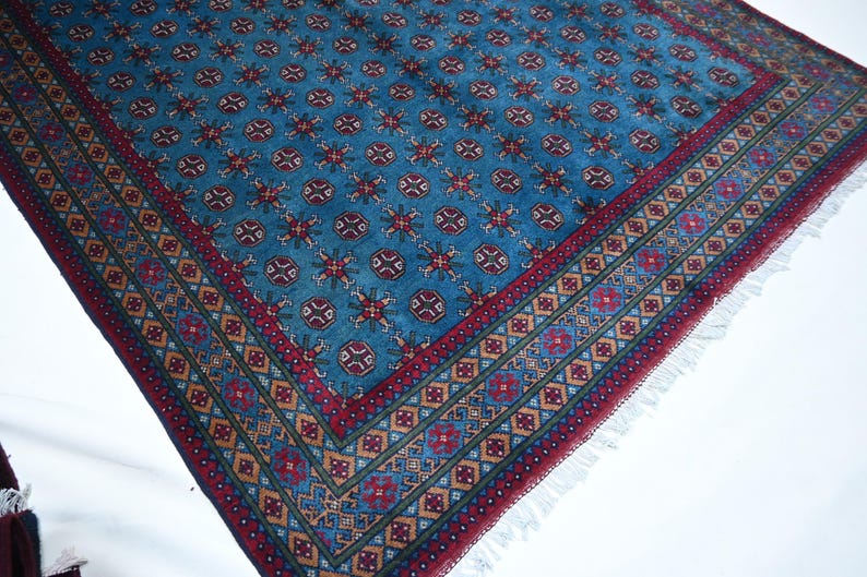 7x10 Ft Turkmen Blue Bokhara Rug, Handmade Wool Area Rug, Oriental ...