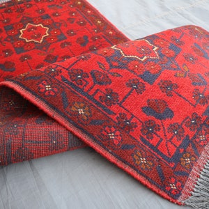 Handmade Wool Afghan Bukhara Rug: 1.9x5.0 Ft Red Hallway Runner