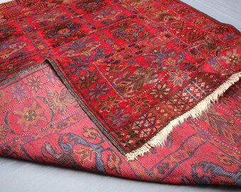 Alfombra Baluchi Afgana de 4x6: Alfombra Oriental Vintage de Lana Floral Hecha a Mano