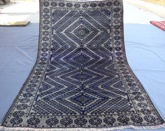 4x6 Ft Handmade Baluchi Rug: Dark Blue Geometric Afghan Rug