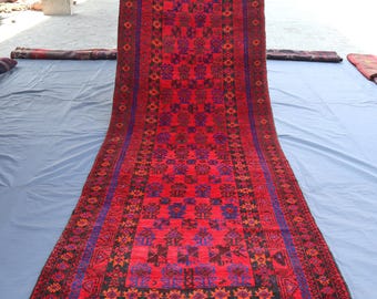 12 Ft Vintage Red Baluchi Rug: Afghan Hallway Runner