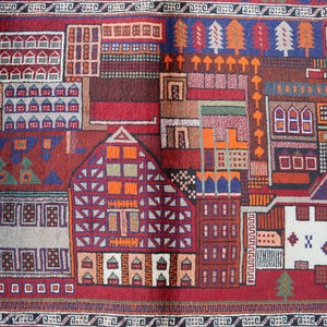 Pictorial Baluchi Rug: Vintage Afghan Wool, Natural Dyes, 4.0x6.8 Ft