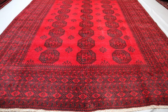 アンティーク アフガニスタン レッド ラグ 8x10: ハンドメイド ウール
