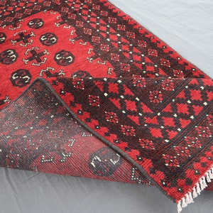 Hand Knotted Afghan Rug: 3x6 Red Wool Turkmen Bukhara Rug