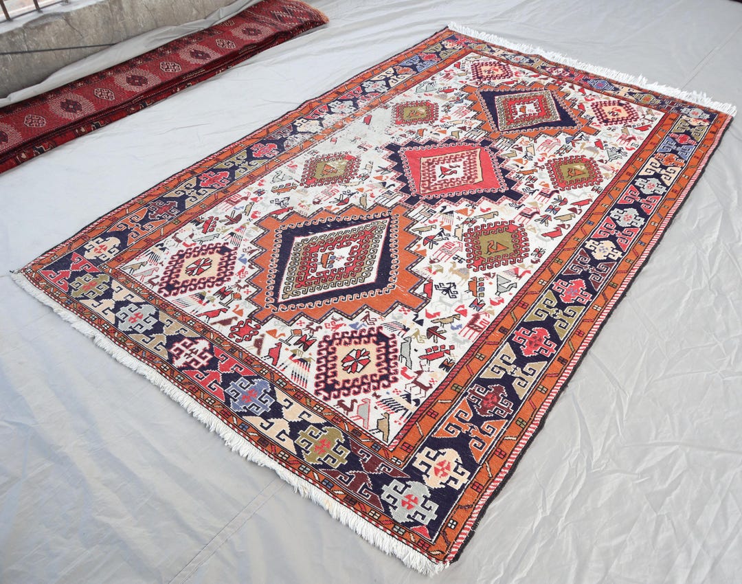 4x5 Ft Pictorial Vintage Rug/ Geometric Design Afghan Flatweave Kilim ...