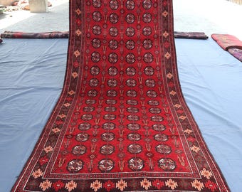 Vintage Afghan Runner Rug: 4x9 Red Wool Hallway Carpet