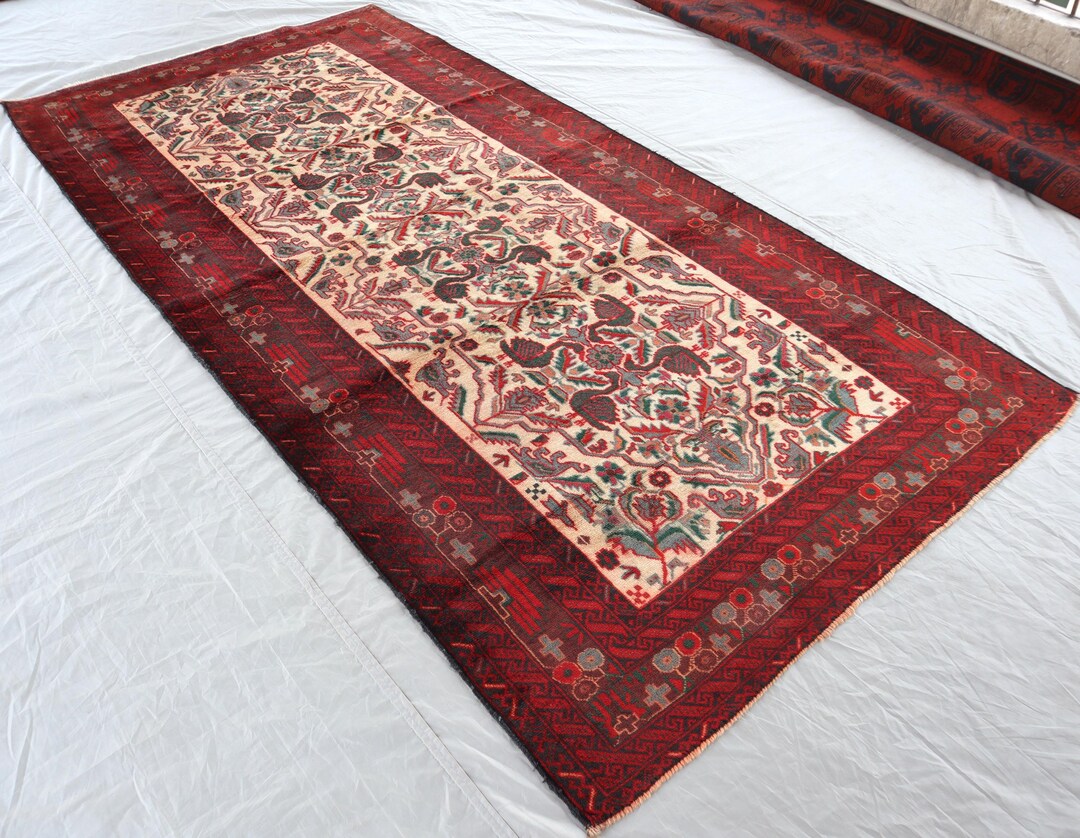 Handmade Red Wool Baluchi Runner Rug: 4.4x9 Ft Turkmen Tribal Design - Etsy