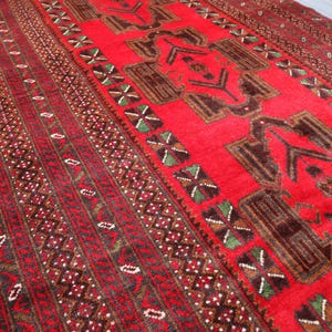 3.9x6.4 Ft Red Vintage Geometric Rug, Antique Afghan Hand Knotted Soft Pile Wool Baluchi Area Rug, Living Room Carpet, One of a kind Rug 4x6