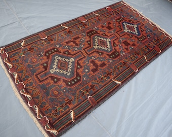 Alfombra Baluchi geométrica antigua: 1,1 x 2,0 m, hecha a mano en lana afgana
