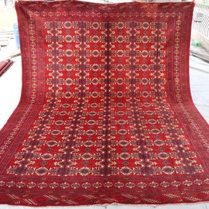 7x9 Afghan Turkmen Rug: Geometric Red Wool, Vintage Design