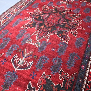 Turkmen Baluchi Heriz Rug 4x6: Afghan Handmade Wool, Geometric Vintage Design