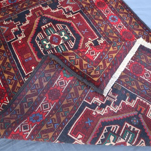 4x6 Afghan Vintage Baluch Rug, Geometric Hand Knotted Organic dyes Wool Area Rug, Soft Pile Turkmen Oriental Rug, Living Room Rug, Boho Rug