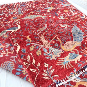 Hand Knotted Afghan Wool Rug 5x7: Red Birds & Trees Design