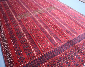 Red Afghan Turkmen Wool Rug 7x10: Handmade Oriental Parda Design