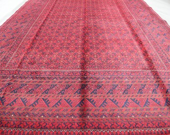 Red Afghan Bukhara Rug: 6.9x9.10 Ft Handmade Wool Turkmen Rug
