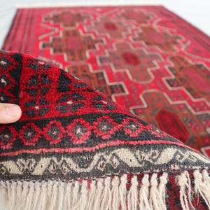 Handmade Afghan Baluchi Rug: 4x7 Red Wool Tribal Rug