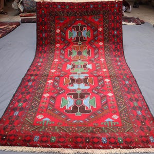 Alfombra baluchi afgana de 4x7: alfombra tribal de lana hecha a mano