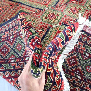 Handmade Turkmen Wool Rug: 5x7 Red Green Afghan Rug