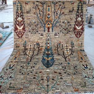 Hand-Knotted Afghan Wool Rug 5x7: Pictorial Birds & Trees Design