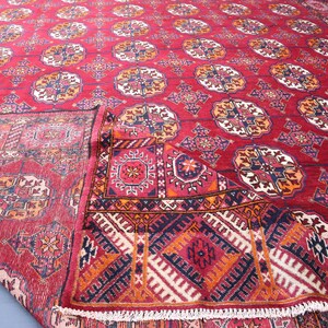 Antique Turkmen Rug: 7x11 Red Afghan Wool Hand-Knotted Bukhara Rug