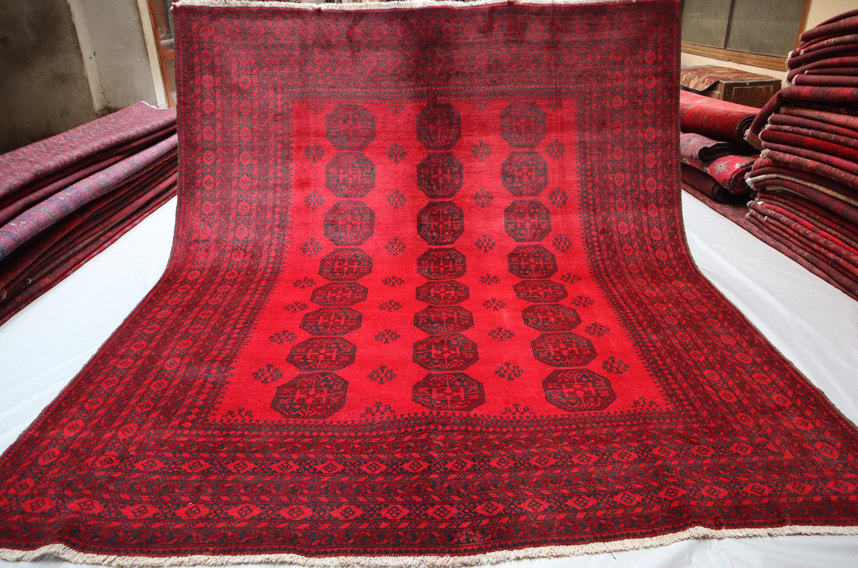 アンティーク アフガニスタン レッド ラグ 8x10: ハンドメイド ウール