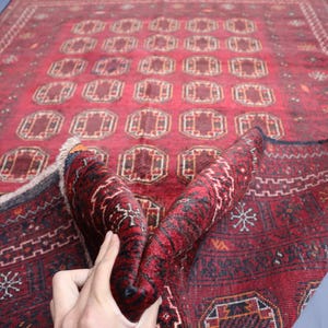 Red Antique Piece 4.2x6.2 Ft, Vintage Bokhara Rug, Soft Pile Handmade Antique faded Afghan Wool Area Rug, Traditional Turkmen Tribal Carpet