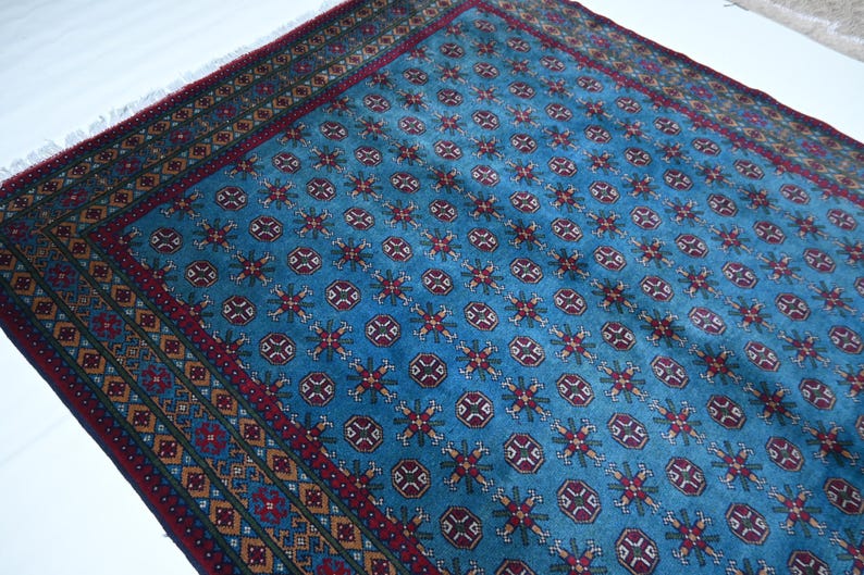 7x10 Ft Turkmen Blue Bokhara Rug, Handmade Wool Area Rug, Oriental ...