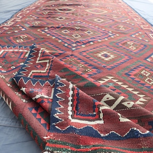 Alfombra Kilim antigua de color rojo geométrico de 5 x 12 pies, alfombra Kilim, cubiertas para mesa de comedor, Kilim de tejido plano tejido a mano, alfombra Kilim para cocina