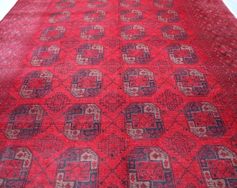 Antique Afghan Bukhara Rug: 8x11 Hand-Knotted Wool, Red Turkmen Design