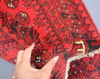 Handgeknoopt Turkmeens wollen vloerkleed: 3 x 4 rode Mori Gul, vintage tribal design