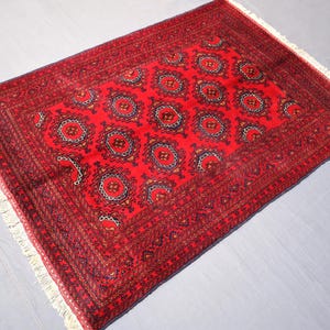 3x5 Ft Hand-Knotted Red Afghan Bokhara Wool Rug