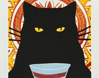 Behemoth | hand-pressed linocut print | black cat with wine block print | handmade relief print