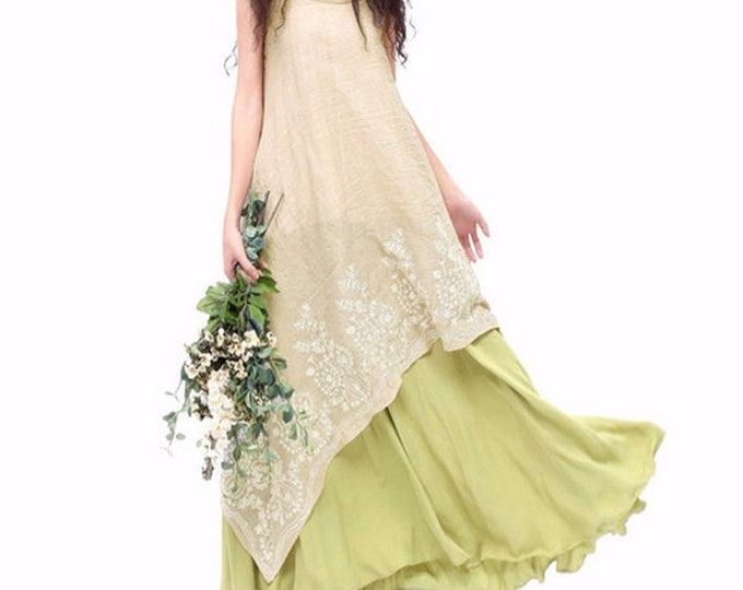 Women's Dress Mini Sleeve Vintage Linen Two Hem Embroidery Floral Maxi Dress