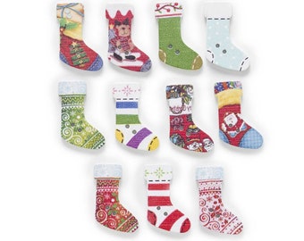 Christmas Socks Wood Buttons set 10       U