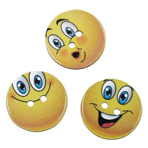 Button Round Yellow Smile Wood Sewing Button 2 Holes   set 10 / 408