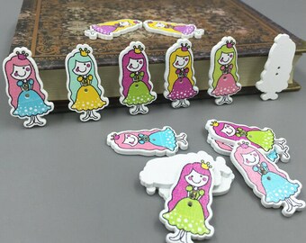 Wooden girl princess Buttons Mixed-color   35mm  set of 10 /  410