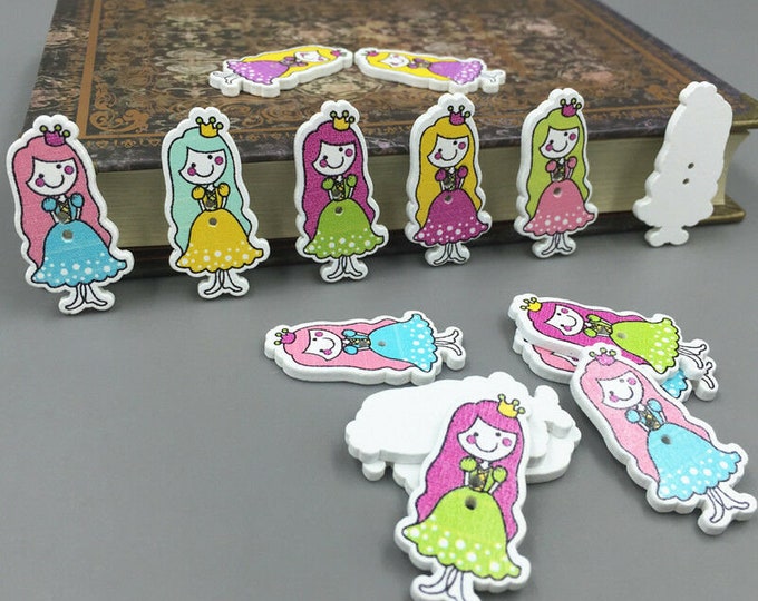 Wooden girl princess Buttons Mixed-color   35mm  set of 10 /  410