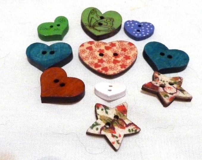 Buttons  mixed  Hearts and Stars  set of 10  /  M8\