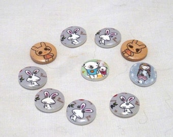 Buttons Little Girl Bunnies Bear  set of 10 / M21