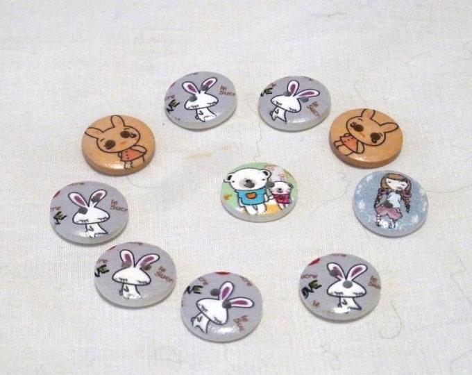 Buttons Little Girl Bunnies Bear  set of 10 / M21